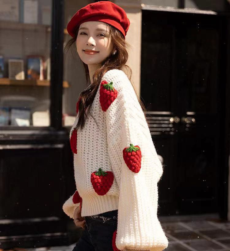 Loose Crochet Knit Strawberry Sweater