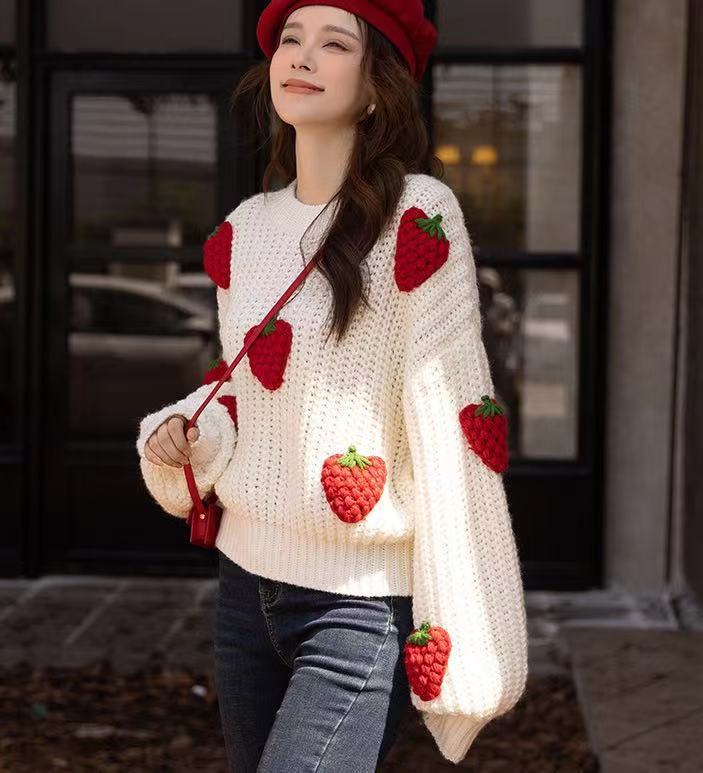 Loose Crochet Knit Strawberry Sweater