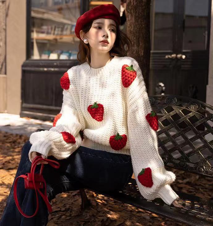 Loose Crochet Knit Strawberry Sweater