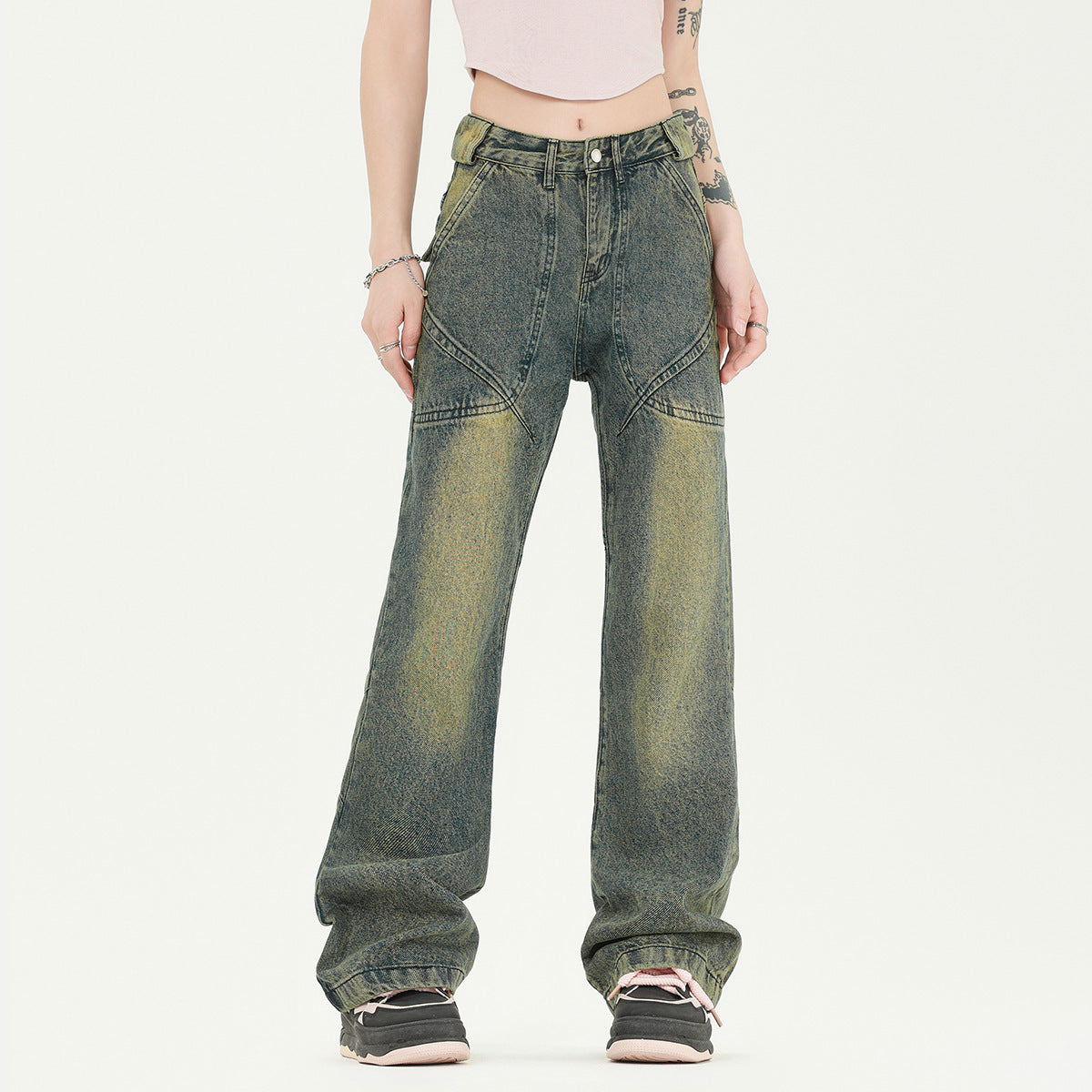 Fashion Personalized Washed Yellow Mud Jeans Men