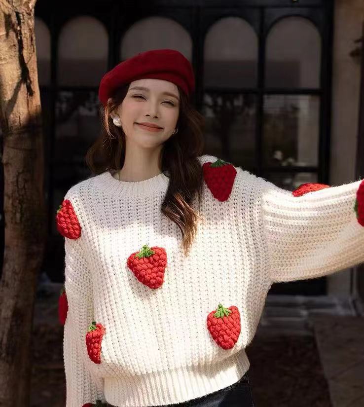 Loose Crochet Knit Strawberry Sweater