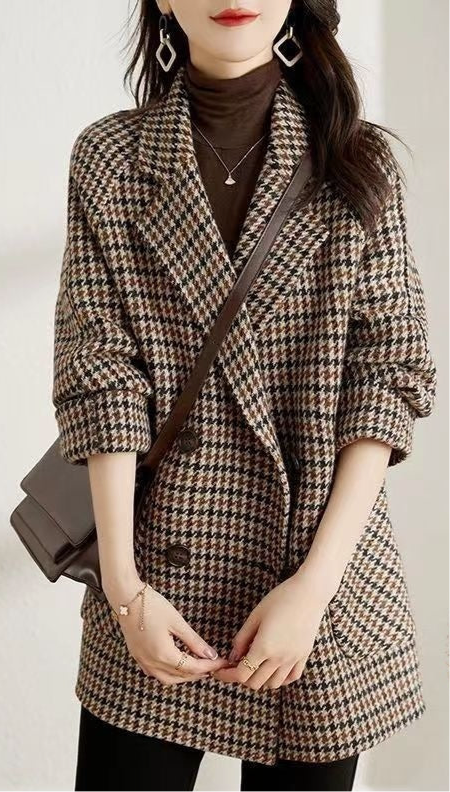 Houndstooth Woolen Coat