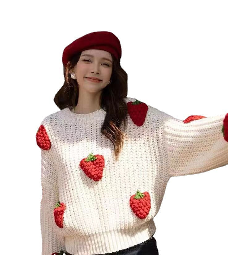 Loose Crochet Knit Strawberry Sweater