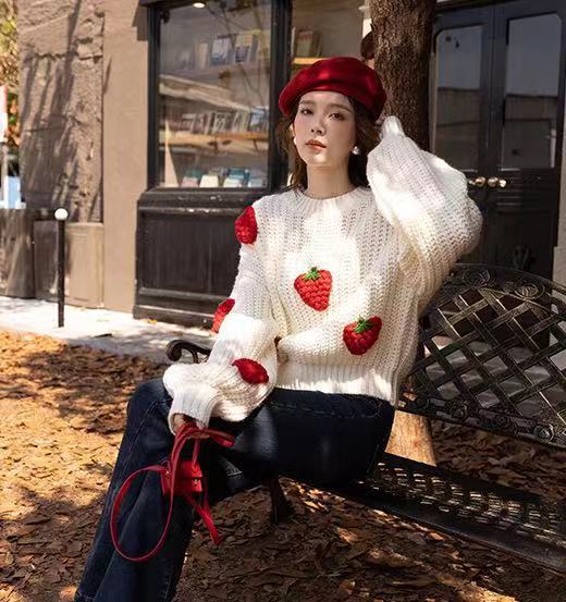 Loose Crochet Knit Strawberry Sweater